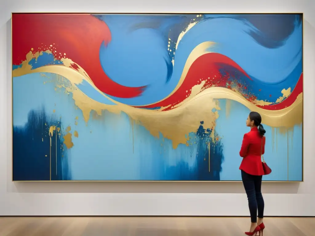 Obra de arte contemporánea: energía y fascinación Vibrante pintura abstracta contemporánea en galería de arte con expresiones de admiración
