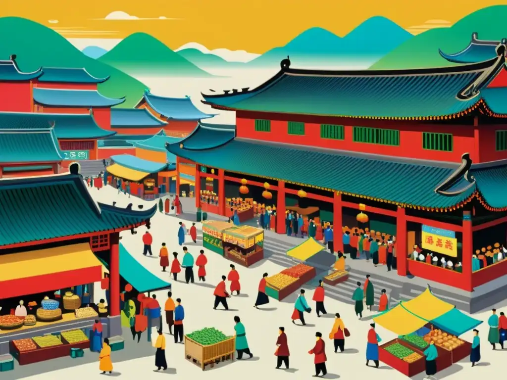 Vibrante pintura de la transición Ming-Qing que muestra un bullicioso mercado en una ciudad china durante la Caída de los Ming en China