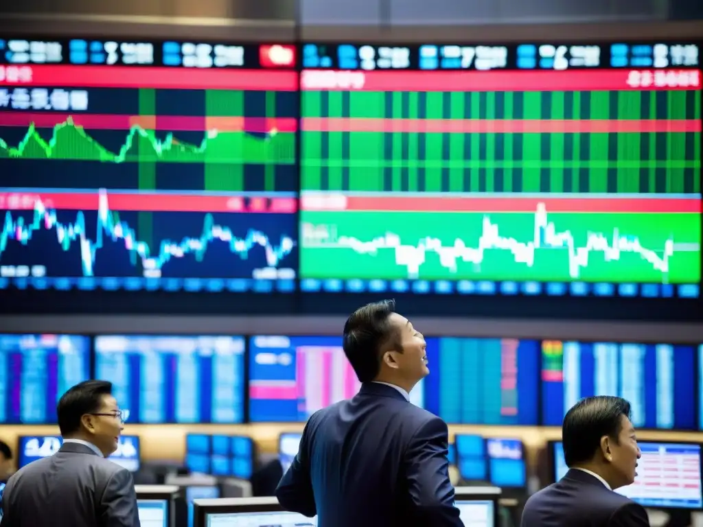 Vibrante piso de la bolsa de valores de Shanghai con traders, pantallas digitales y datos financieros