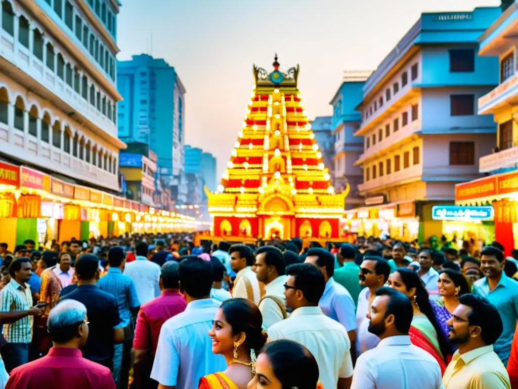 Vibrante celebración de Durga Puja en Kolkata, con pandales decorados y multitud festiva