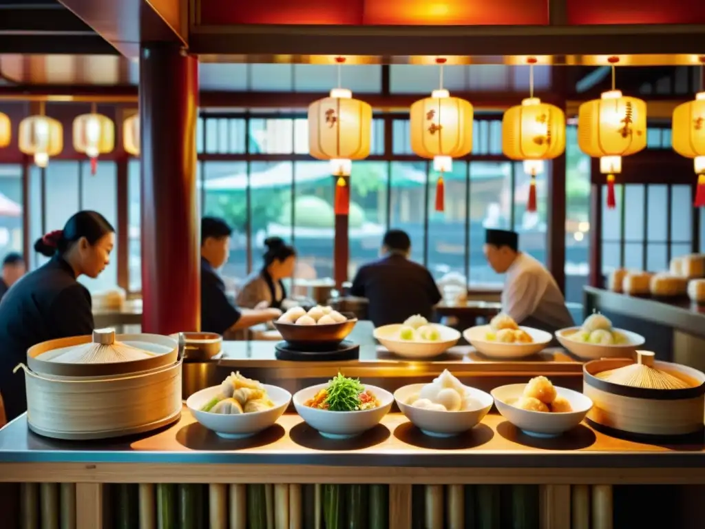 Vibrante restaurante de dim sum en una bulliciosa ciudad asiática, evolución aperitivos asiáticos gastronomía global