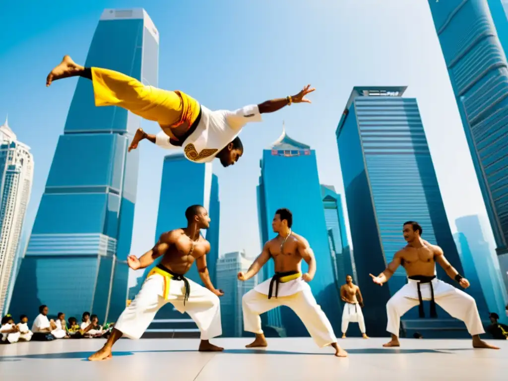 Un vibrante roda de Capoeira en una bulliciosa ciudad asiática, fusionando culturas en adaptaciones culturales en artes marciales