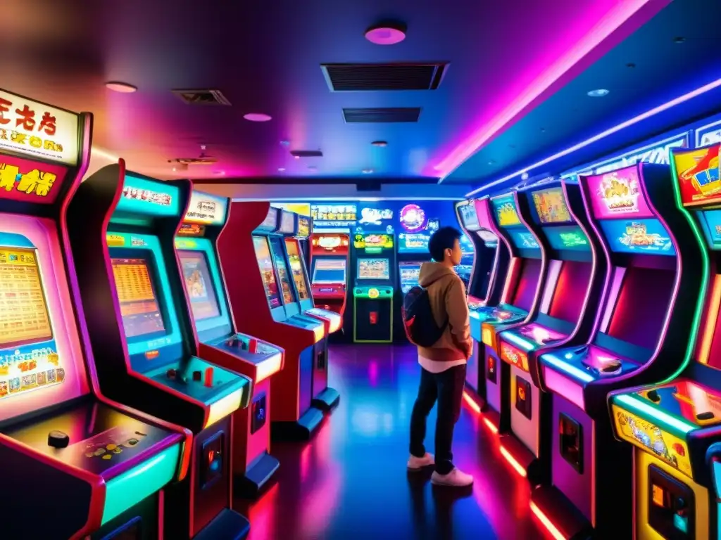 Una vibrante sala de juegos en Tokio, Japón, llena de luces de neón, juegos y entusiastas jugadores, mostrando el valor cultural de los videojuegos asiáticos