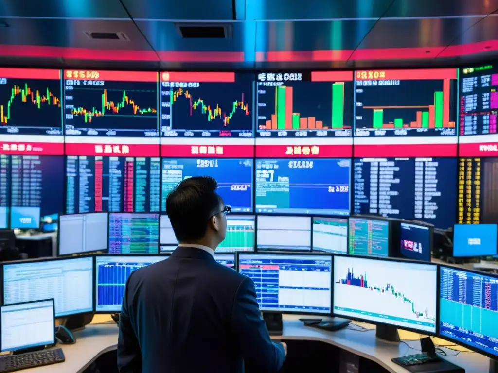 Vibrante sala de operaciones en Hong Kong, con traders y pantallas mostrando datos financieros