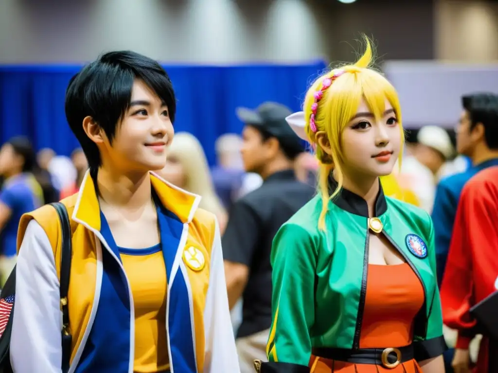 Un vibrante salón de convenciones lleno de cosplayers, stands de merchandising de anime y paneles sobre la globalización del anime y la cultura