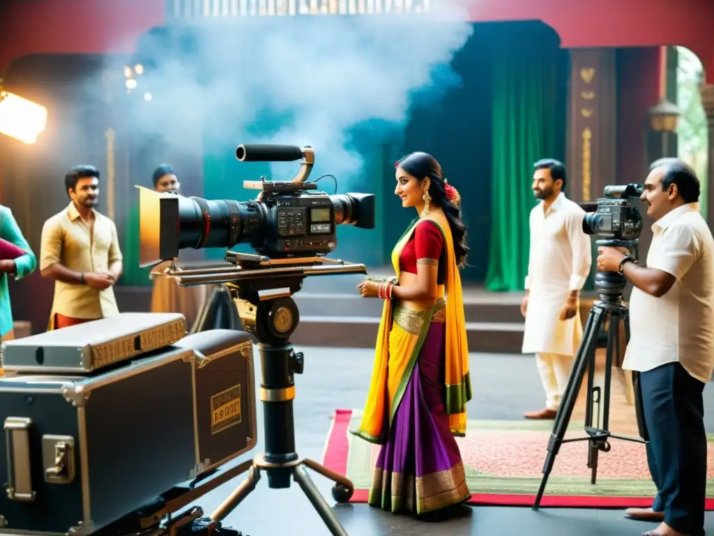 Un vibrante set de filmación en Mumbai con actores vestidos con atuendos tradicionales, rodeados de equipo de filmación moderno