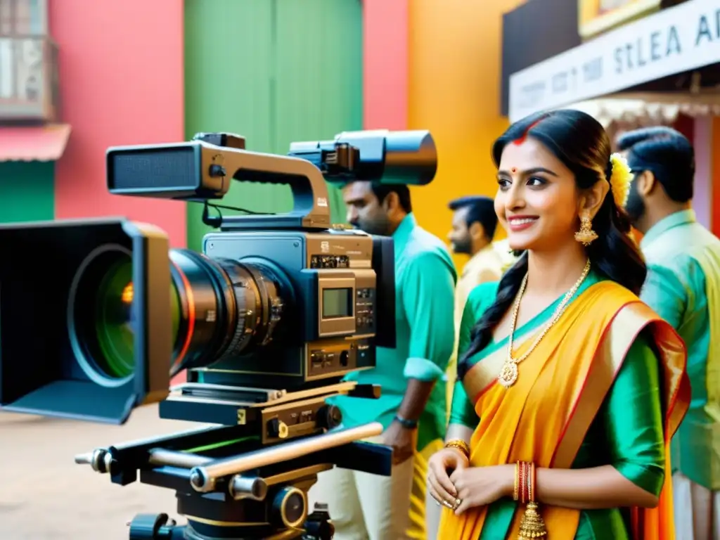 Vibrante set de cine en Mumbai, con director dirigiendo a actores en trajes tradicionales y tecnología de punta