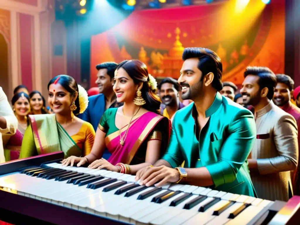 Producción apasionada de bandas sonoras de Bollywood Un vibrante set de película Bollywood con músicos y actores creando las icónicas bandas sonoras que definen la industria