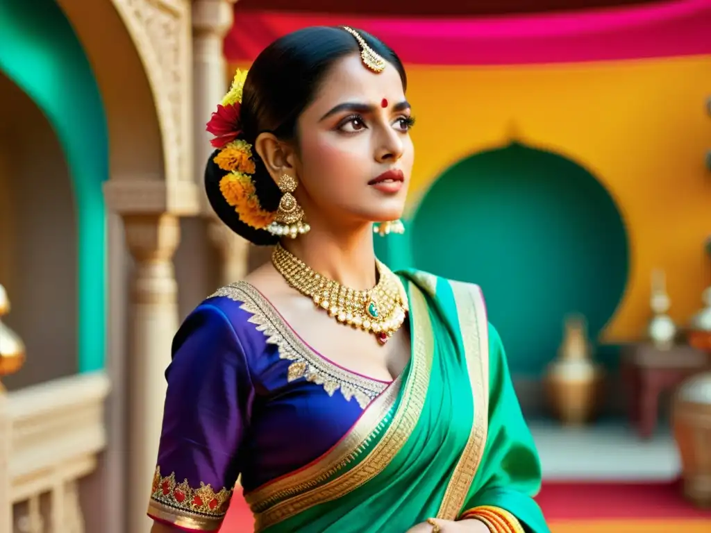 Un vibrante set de película de Bollywood con actrices en atuendos tradicionales, expresando arquetipos femeninos icónicos con gracia y fuerza