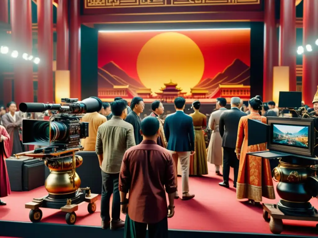 Un vibrante set de película en Asia muestra la colaboración diversa en la producción de una obra maestra cinematográfica