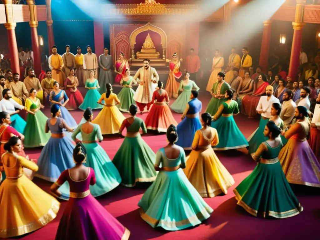Escena vibrante de Bollywood: Música en vivo y danza Vibrante set de película Bollywood con música en vivo, danzas y coloridos trajes