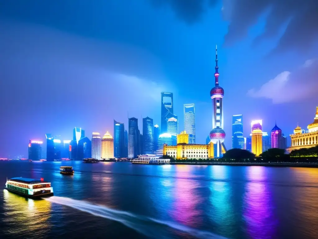 Vibrante skyline de Shanghai al anochecer, con luces neón y rascacielos modernos