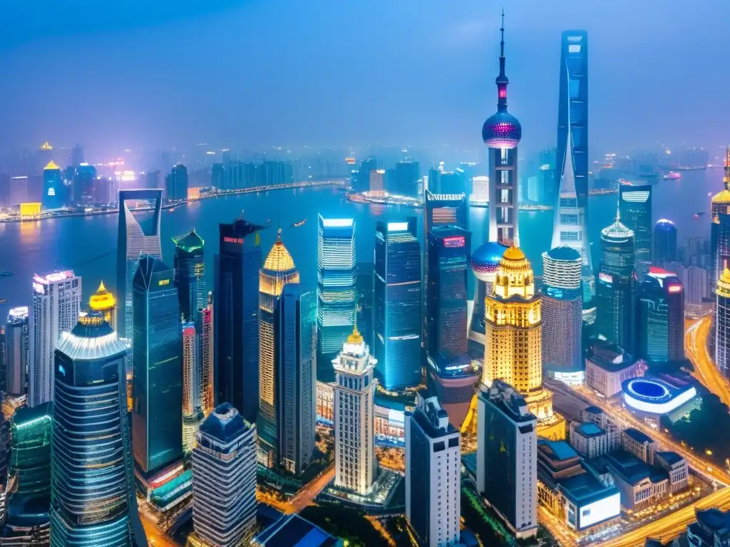 Vibrante skyline de Shanghai con rascacielos modernos iluminados por la noche, reflejando el auge inmobiliario en ciudades asiáticas