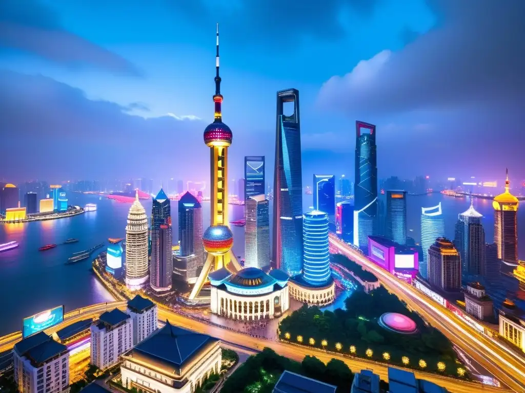 Vibrante skyline de Shanghai con rascacielos iluminados por luces de neón, reflejando la inversión tecnológica en Asia