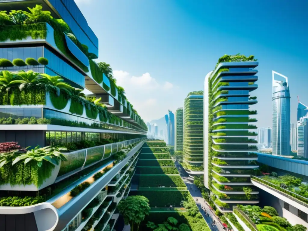 Vibrante skyline urbano asiático con rascacielos verdes integrados en jardines verticales, reflejo del desarrollo sostenible en ecosistemas asiáticos