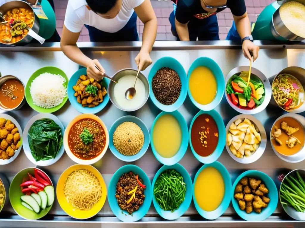 Vibrante hawker center en Singapur con templos culinarios Estrellas Michelin Asia, colores, olores y sabores en contraste con el skyline