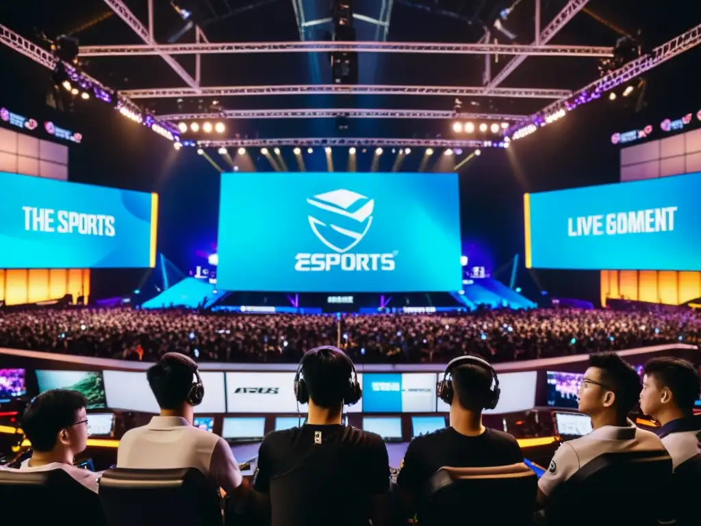 Vibrante torneo de eSports en Asia: impacto cultural con arena llena y jugadores concentrados en la partida