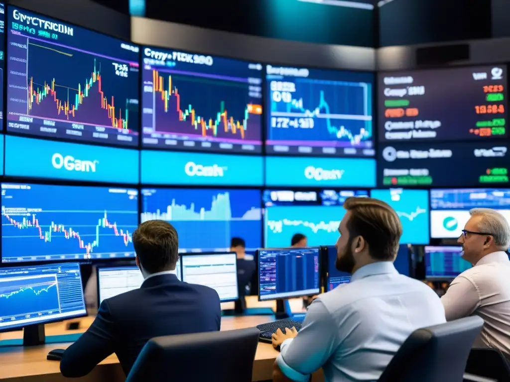 Vibrante trading floor de criptoinversiones en la Ruta de la Seda virtual, con traders concentrados y pantallas de datos en tiempo real