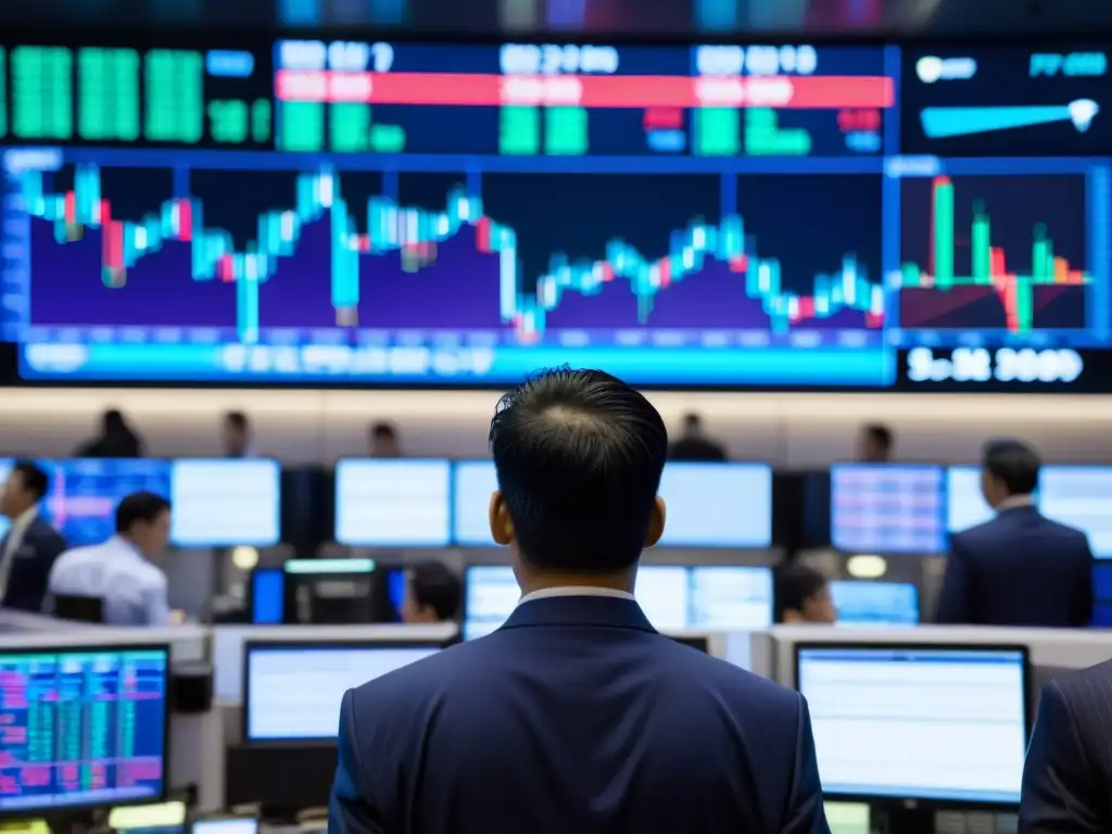 Vibrante trading floor en Asia, con traders y ticker tape, capturando la energía de los bonos asiáticos refugio inversionistas globales