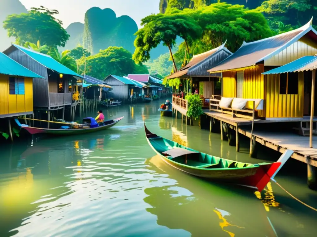 Vida cotidiana en el bullicioso Klong de Tailandia Vibrante vida en una comunidad fluvial tailandesa, con casas sobre pilotes y botes navegando en canales