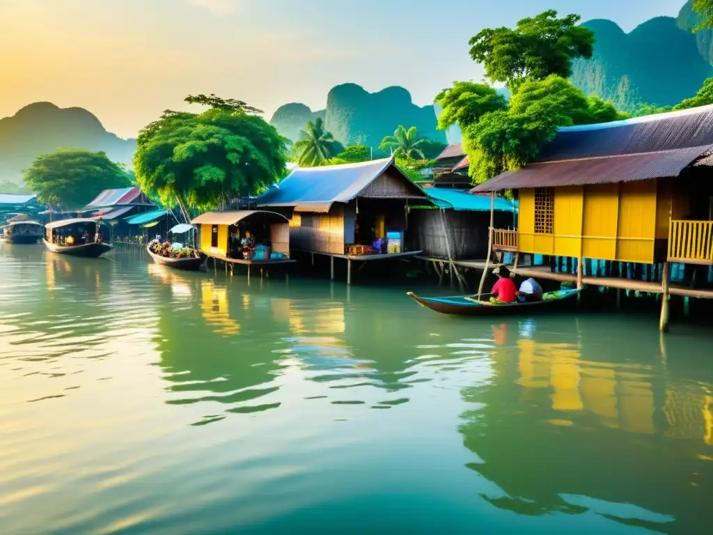 Vida cotidiana en la animada comunidad fluvial de los Klongs en Tailandia La vibrante vida comunitaria en los Klongs de Tailandia, con casas de madera sobre pilotes y actividades diarias a lo largo del río