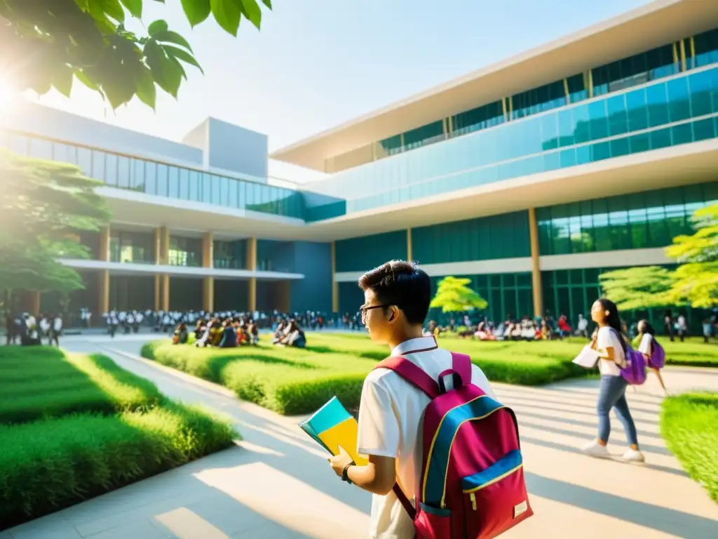 Vibrante vida estudiantil en universidad asiática: estudiantes animados en campus entre modernidad y naturaleza exuberante