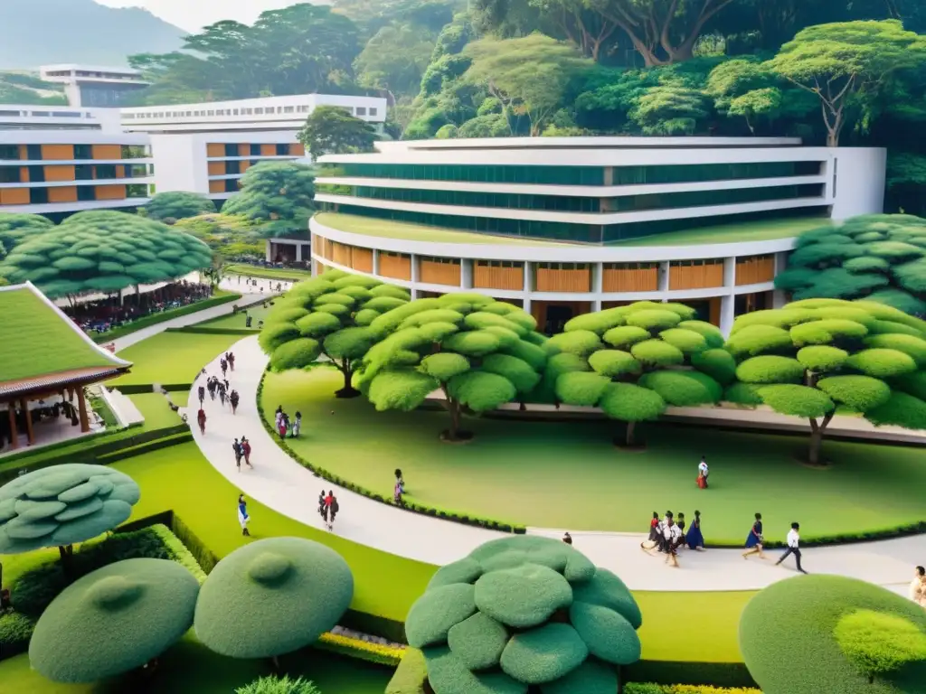 Vibrante vida estudiantil en campus universitario asiático, fusionando tradición y modernidad