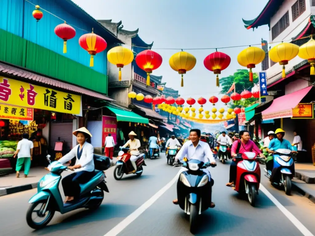 Vibrante vida urbana en Asia, con una mezcla de edificios tradicionales y modernos, multitud de personas y coloridos letreros