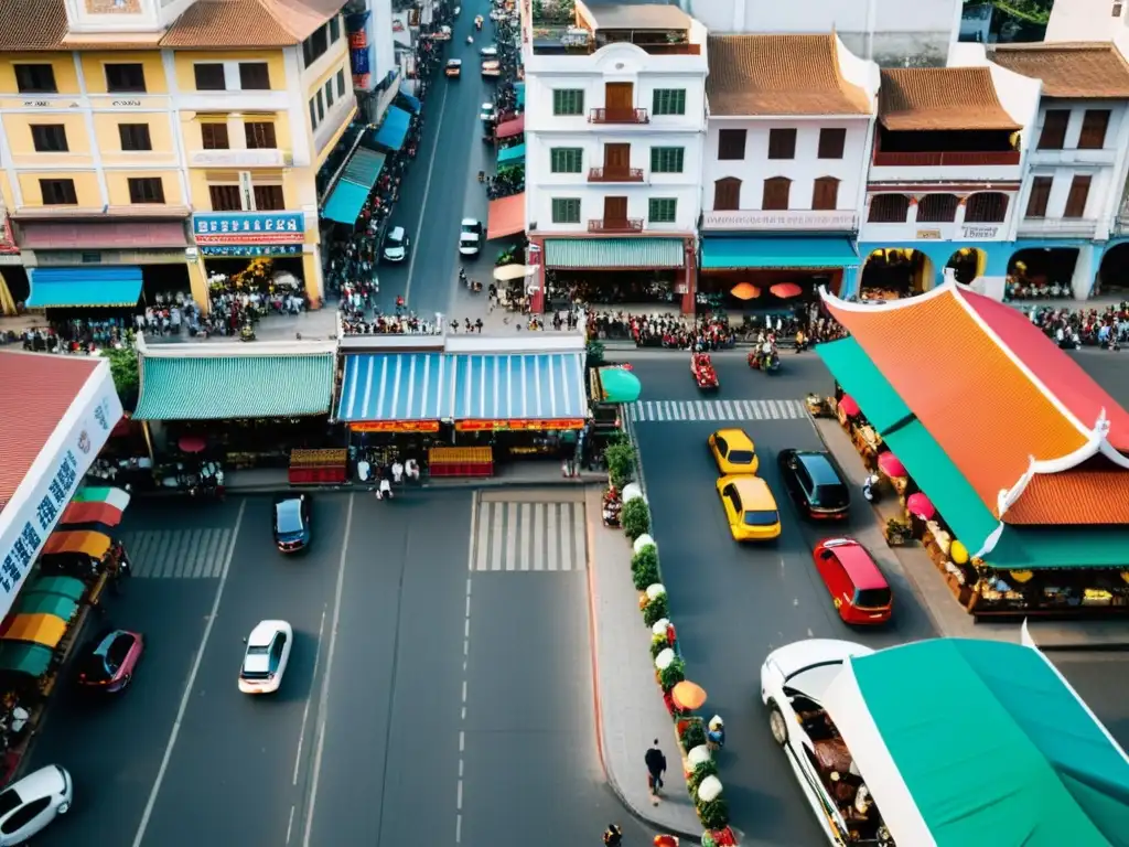 La vibrante vida urbana en el Sudeste Asiático, capturando el contraste entre la rica herencia cultural y el desarrollo económico emergente