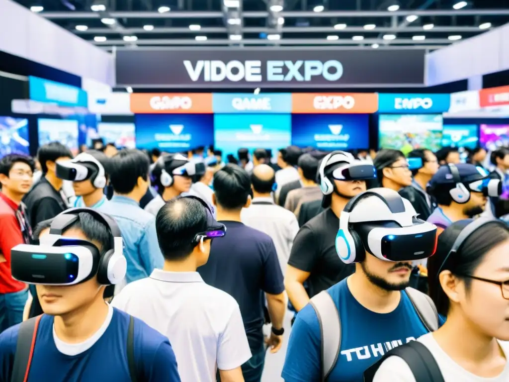 Vibrante exposición de videojuegos en Asia: multitudes probando tecnología de vanguardia y demostraciones de juegos