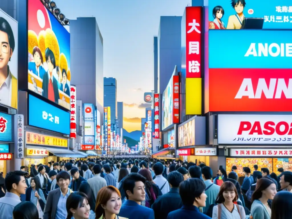 Vibrantes anuncios de anime en una concurrida calle de Japón muestran el impacto social del anime en la sociedad moderna