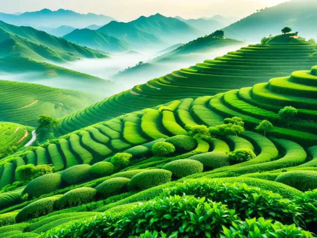 Vibrantes campos de té en Anhui, China, bañados por la neblina matutina