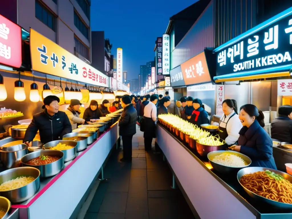 Vibrantes mercados nocturnos en Corea del Sur, con vendedores ofreciendo sabores de ramyeon a clientes entusiastas