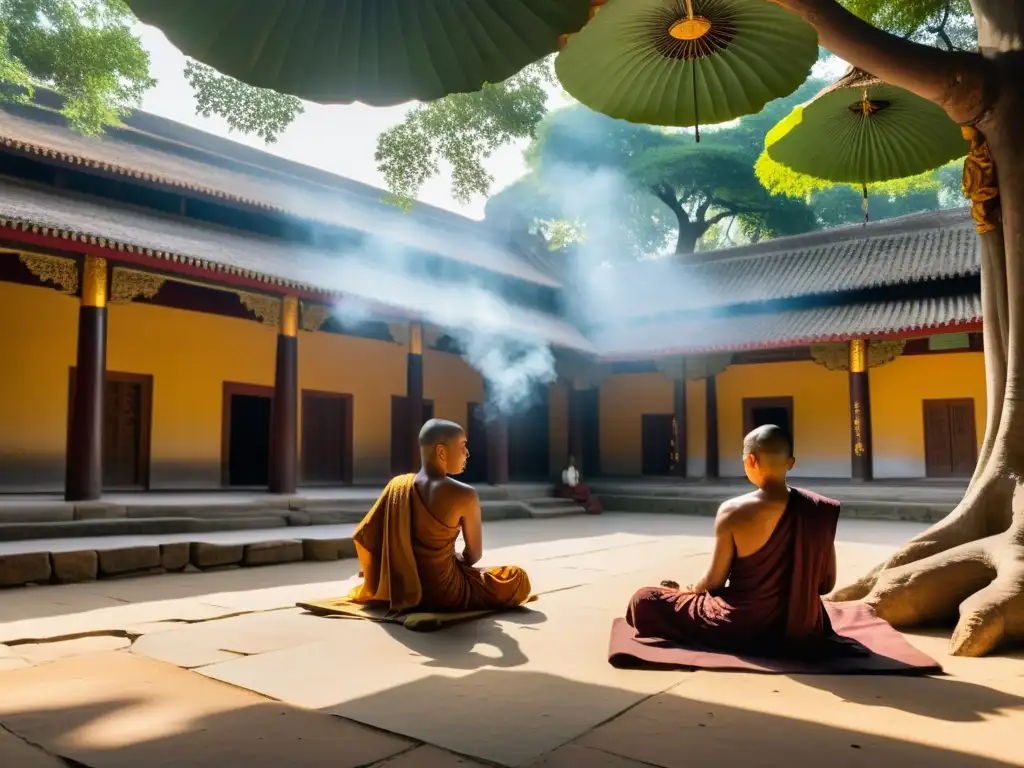 Vida monástica budista: monjes en contemplación bajo árboles Bodhi, rodeados de serenidad atemporal e incienso