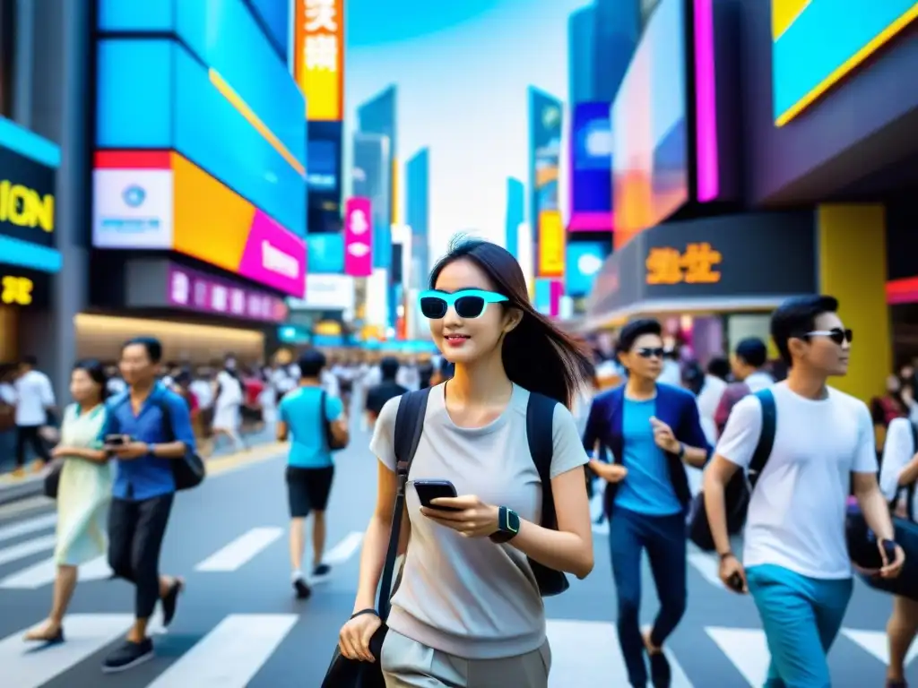 Tecnología vestible futurista en la bulliciosa calle asiática Vida cotidiana en una bulliciosa calle asiática con tecnología wearable en el mercado asiático