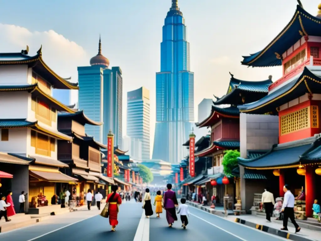 Vida familiar en Asia moderna: una bulliciosa calle de una ciudad asiática moderna, con familias diversas y una mezcla de tradición y modernidad