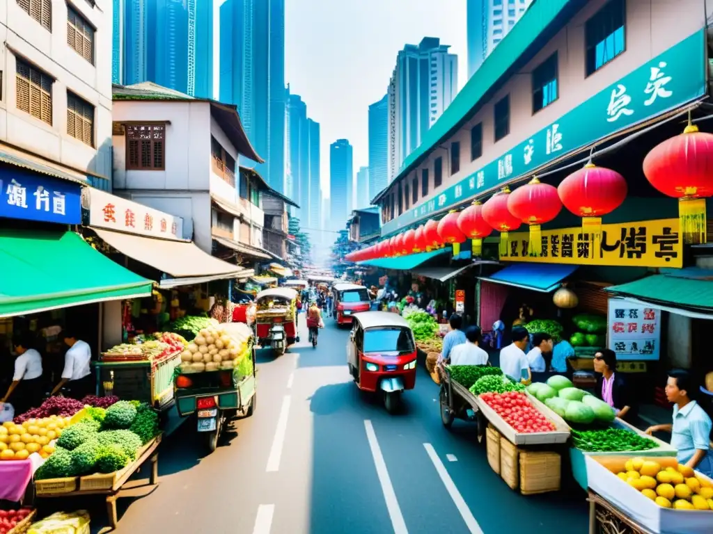 Vida familiar en Asia moderna: Una bulliciosa calle de la ciudad llena de gente y edificios altos, donde se mezcla lo moderno y lo tradicional