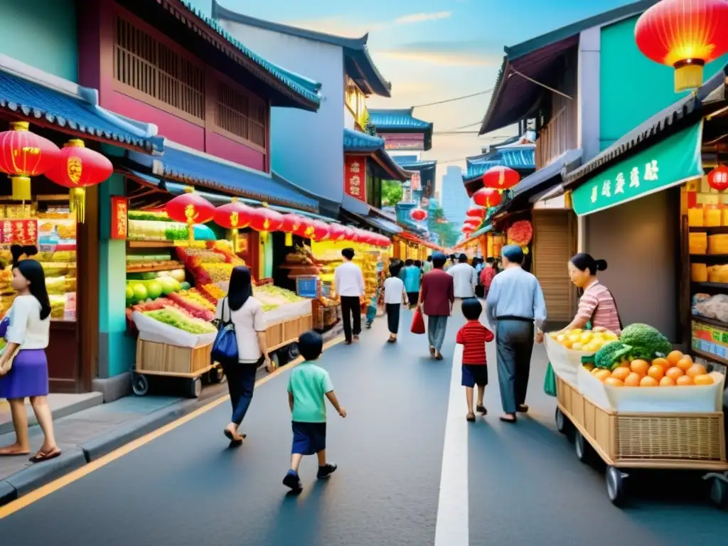 Vida familiar en Asia moderna: Una bulliciosa calle llena de actividad, con familias realizando sus actividades diarias y niños jugando al fondo