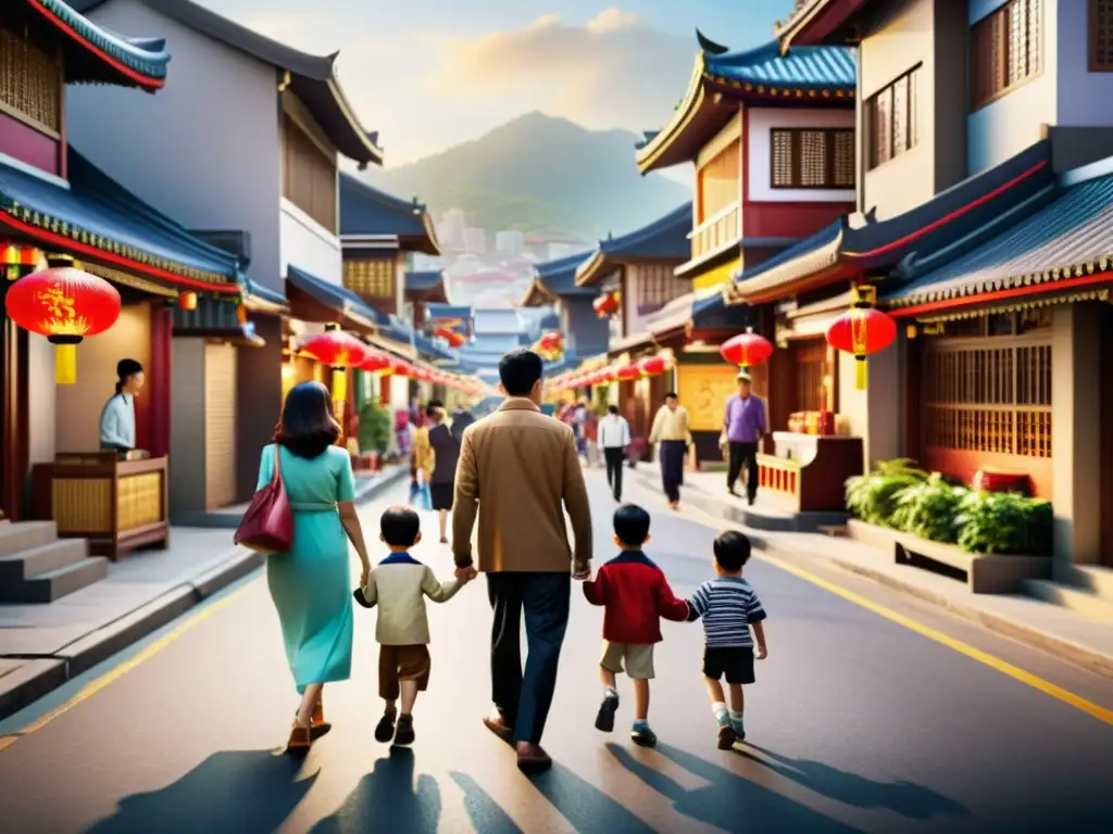 Vida familiar en Asia moderna: bulliciosa calle con familias, niños jugando y edificios tradicionales y modernos