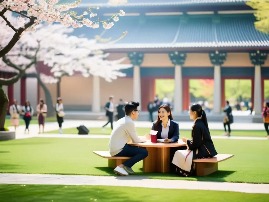 Vida universitaria en Asia: Estudiantes diversos debaten animadamente en un bullicioso patio universitario, rodeados de arquitectura moderna y elementos tradicionales asiáticos, con árboles frondosos y cerezos en flor de fondo