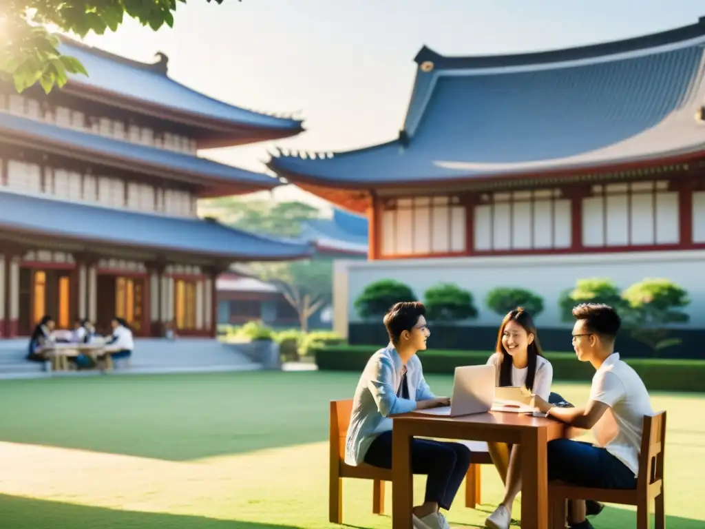 Vida universitaria en Asia: Estudiantes internacionales estudian juntos en un bullicioso patio universitario, rodeados de arquitectura moderna y exuberante vegetación, bajo la cálido resplandor del sol, fusionando tradición y modernidad