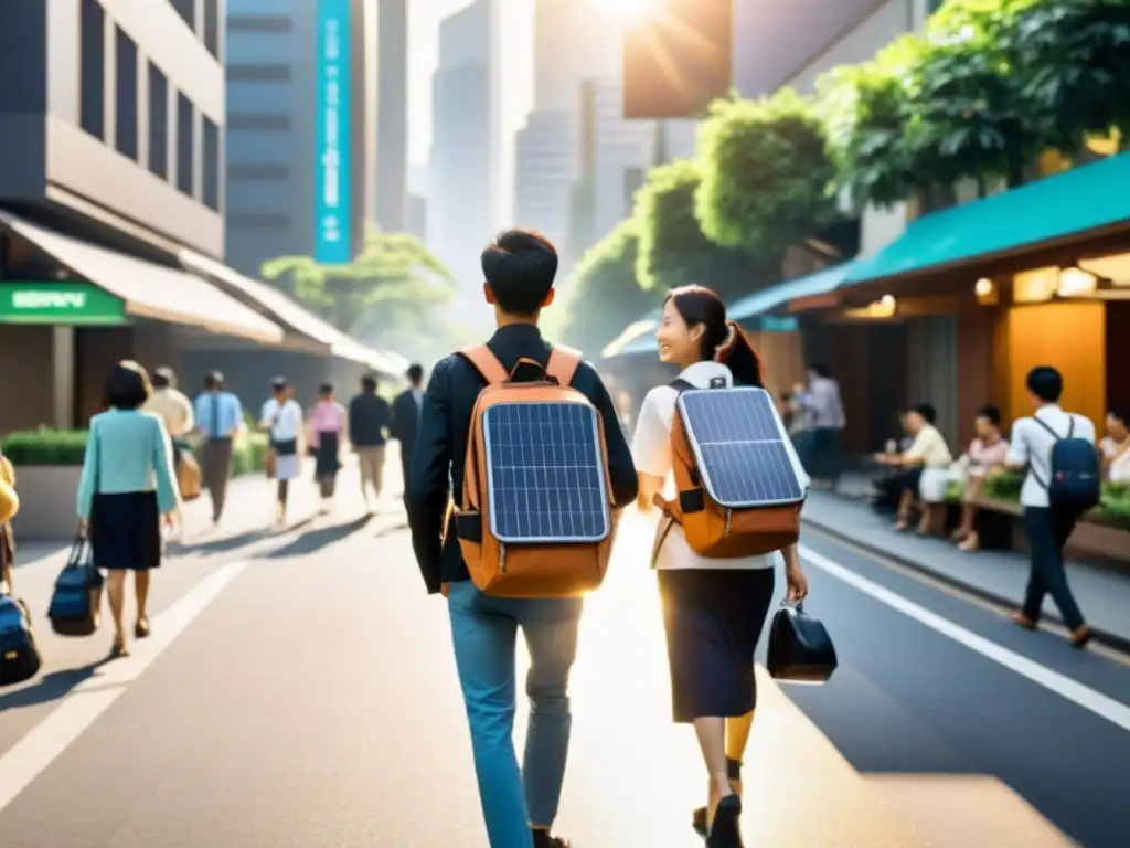 Vida urbana en Asia con personas usando mochilas solares innovadoras, fusionando tecnología y sostenibilidad en la ciudad vibrante