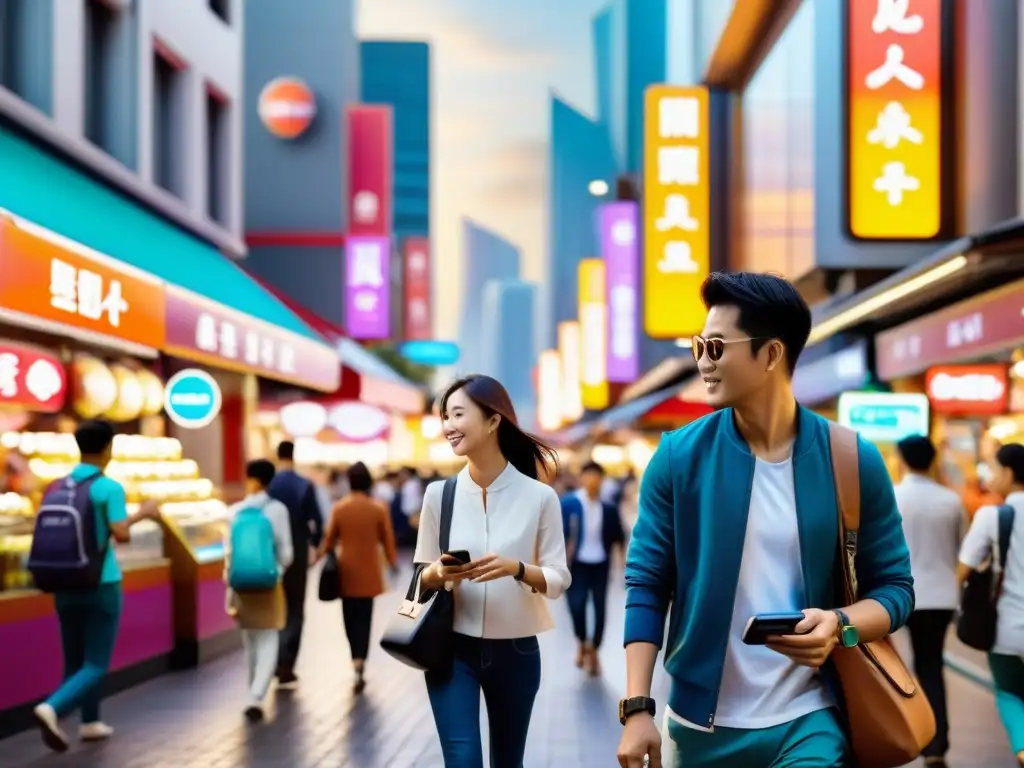 Vida urbana en Asia: relojes con pagos contactless en medio de la bulliciosa actividad de la ciudad