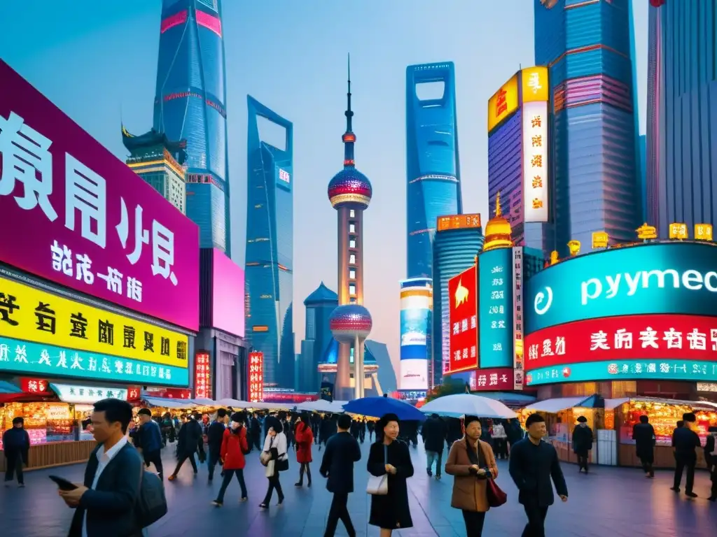 Vida urbana en Shanghai: pagos con WeChat Pay en medio de neones y rascacielos, fusionando lo tradicional con lo moderno en la escena fintech de China