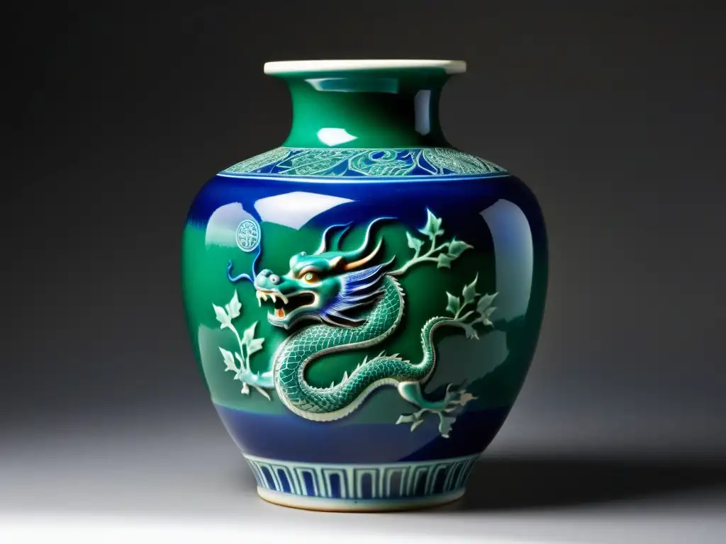 Vieja vasija china con dragones en azul y verde, firma de artesano de la dinastía Ming