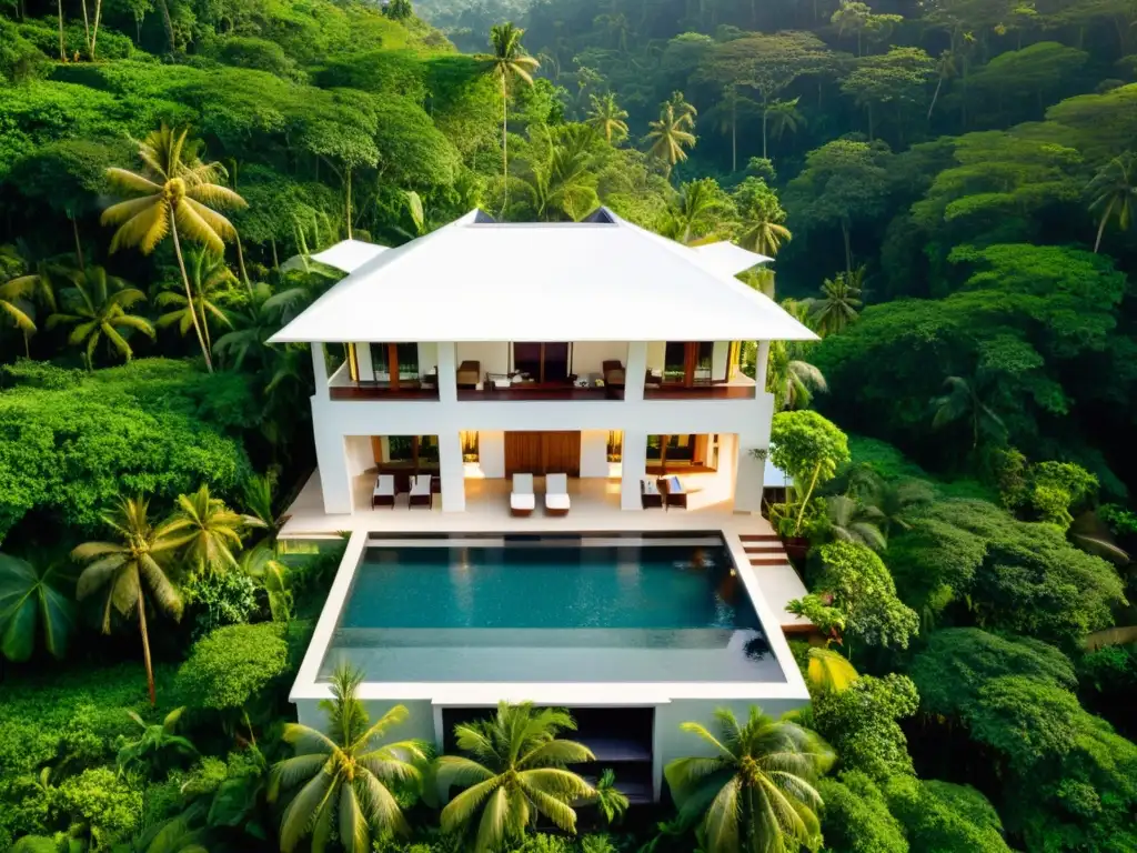 Villa de lujo en la selva de Sri Lanka, con piscina infinita y exuberante vegetación tropical al atardecer