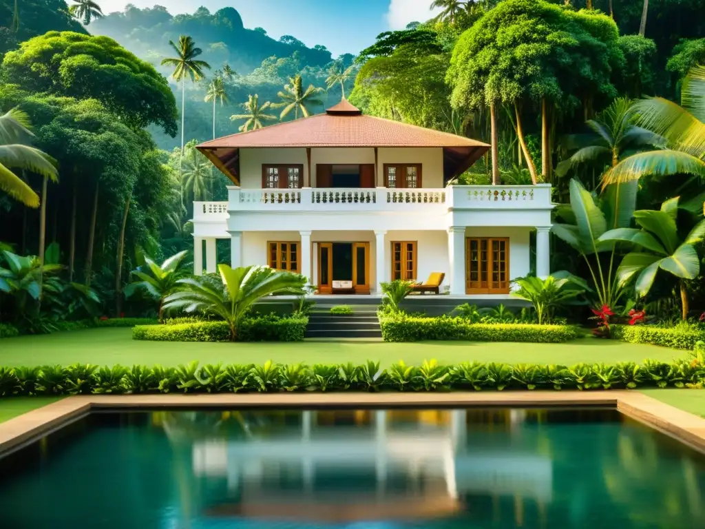 Villa de lujo en la selva de Sri Lanka rodeada de exuberante vegetación y un río sereno, evocando tranquilidad y belleza natural