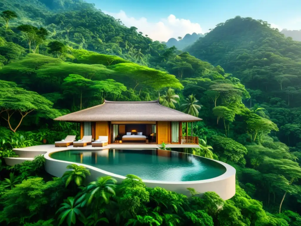 Villas de lujo en exótica selva de Asia, con infinity pools y terrazas abiertas, enmarcadas por exuberante vegetación y árboles frondosos