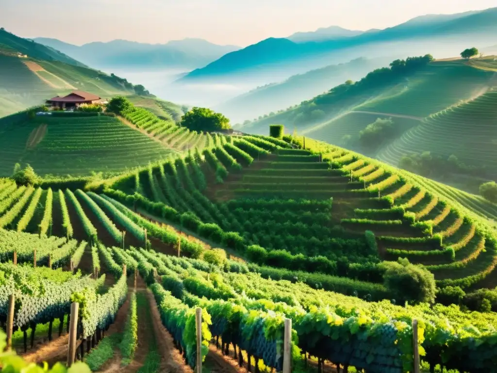 Vinedos exóticos en Asia con inversión en vinos exóticos de Asia: paisaje de viñedos en terrazas y colinas brumosas