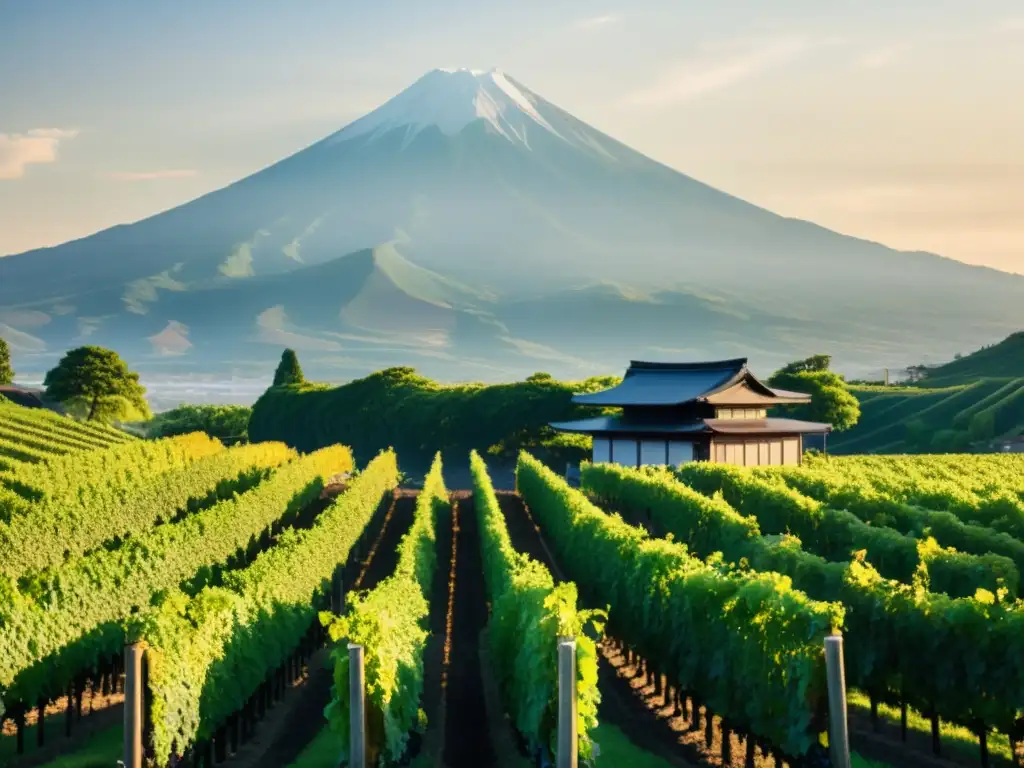 Viñedos de lujo en Asia: Amanecer en un viñedo japonés con el majestuoso Monte Fuji al fondo, bañado en suave luz dorada